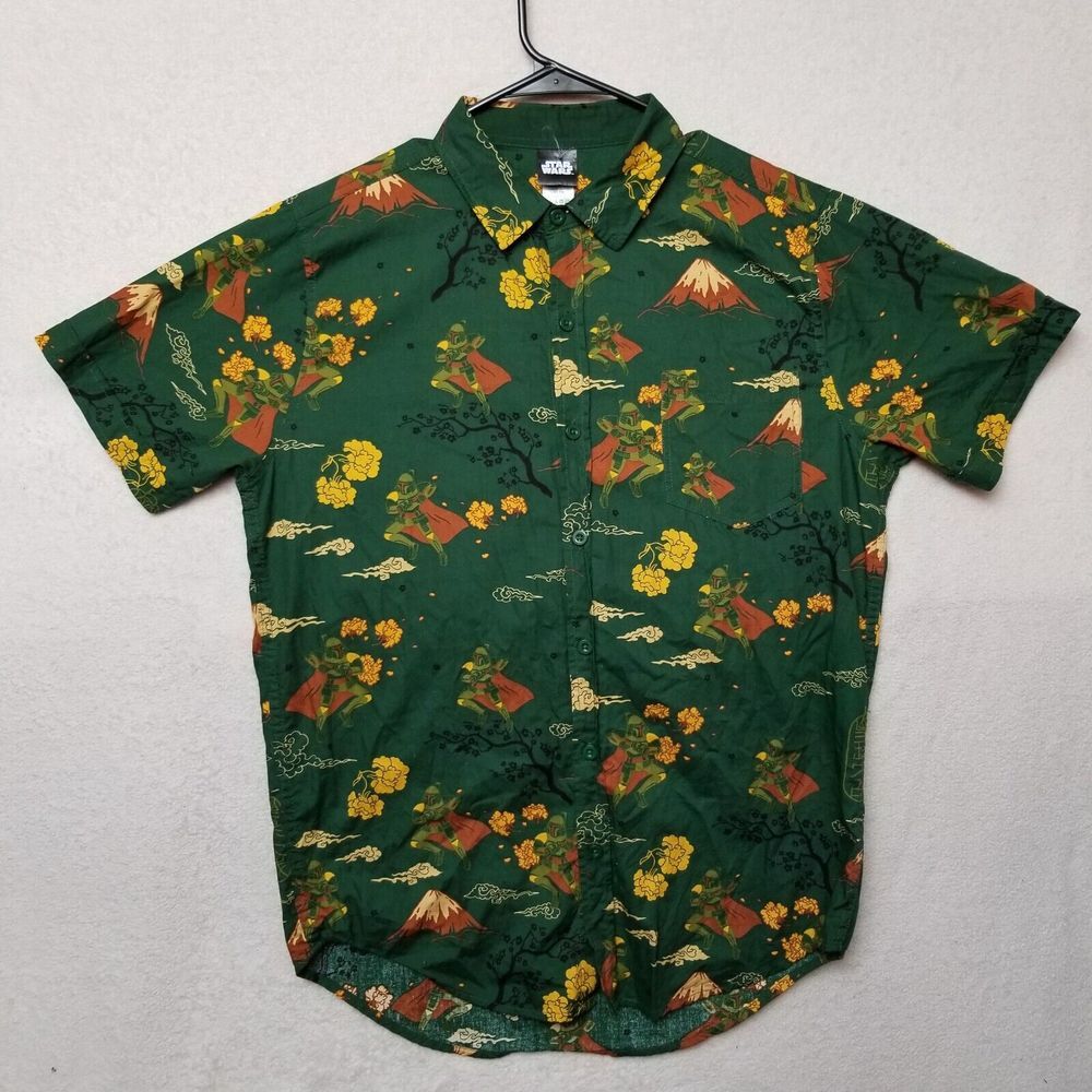 Boba Fett Tee Japanese Button Up Shorty Sleeve Lucas film Star Wars Medium Green